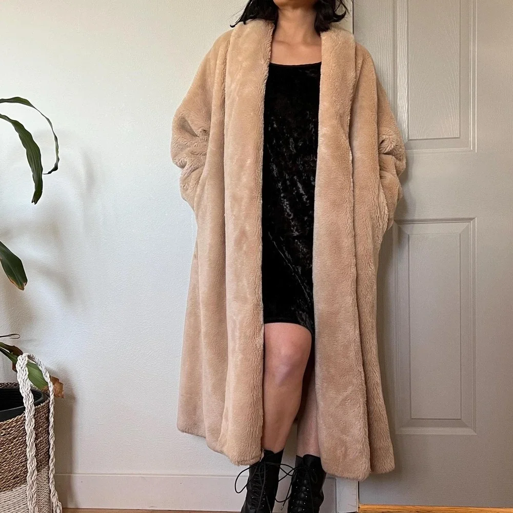Vintage 50s Beige Faux Fur Swing Coat‎ Old Hollywood Glam L XL